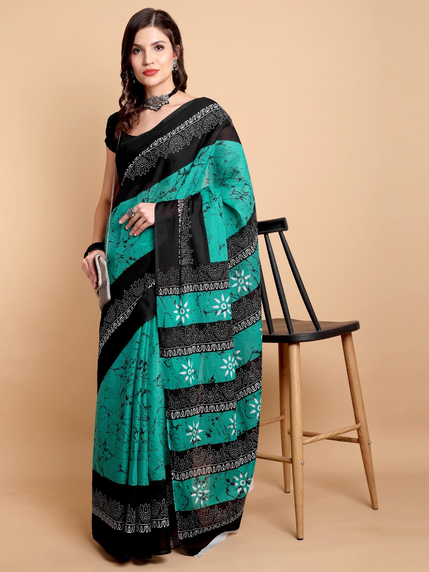 Teal Green & Black Mul Mul Cotton Saree with Batik and Floral Handblock Print
