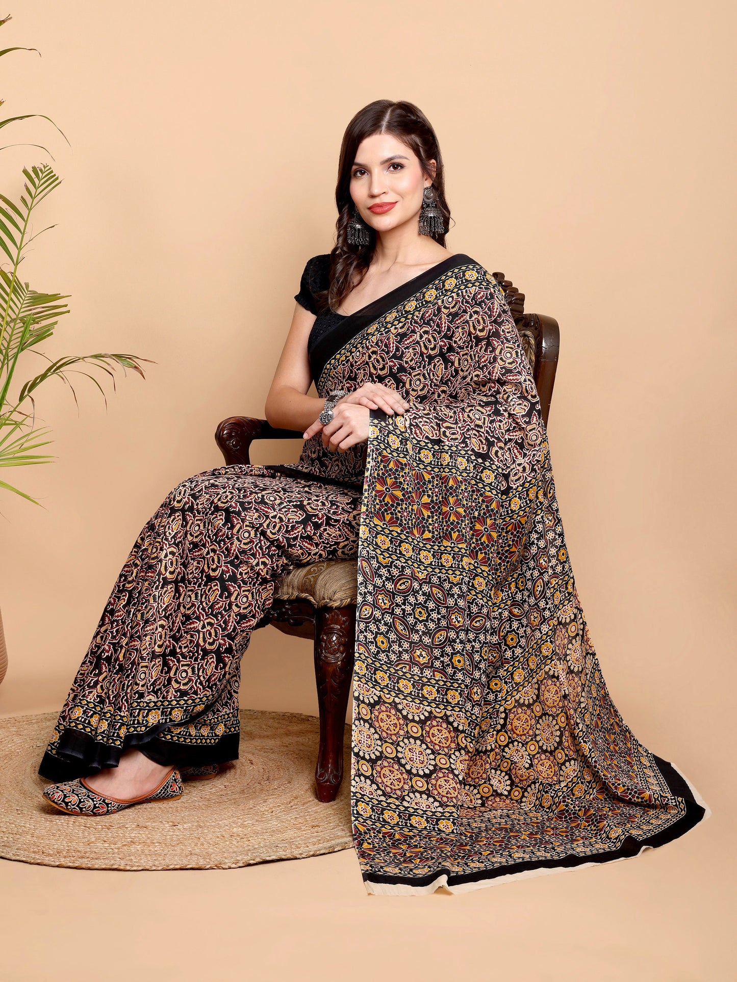 Rust Black Mul Mul Cotton Saree with All-Over Ajrakh-Inspired Print
