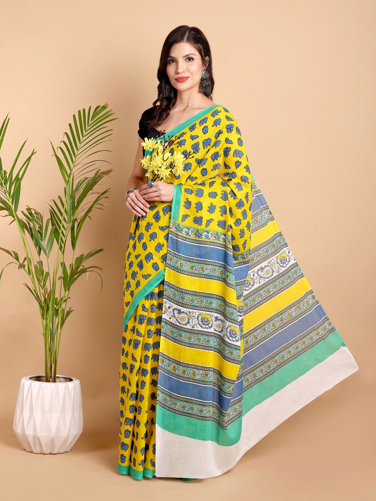 Vibrant Yellow Mul Mul Cotton Saree with Elephant Print & Multicolor Pallu