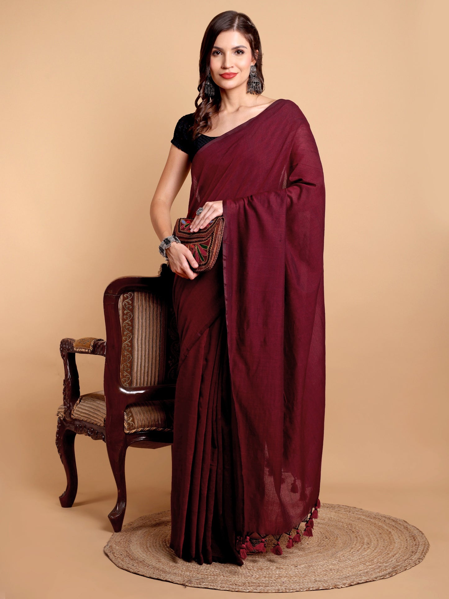 Elegant Maroon Khadi Cotton Saree with Handcrafted Tassel Detailing
