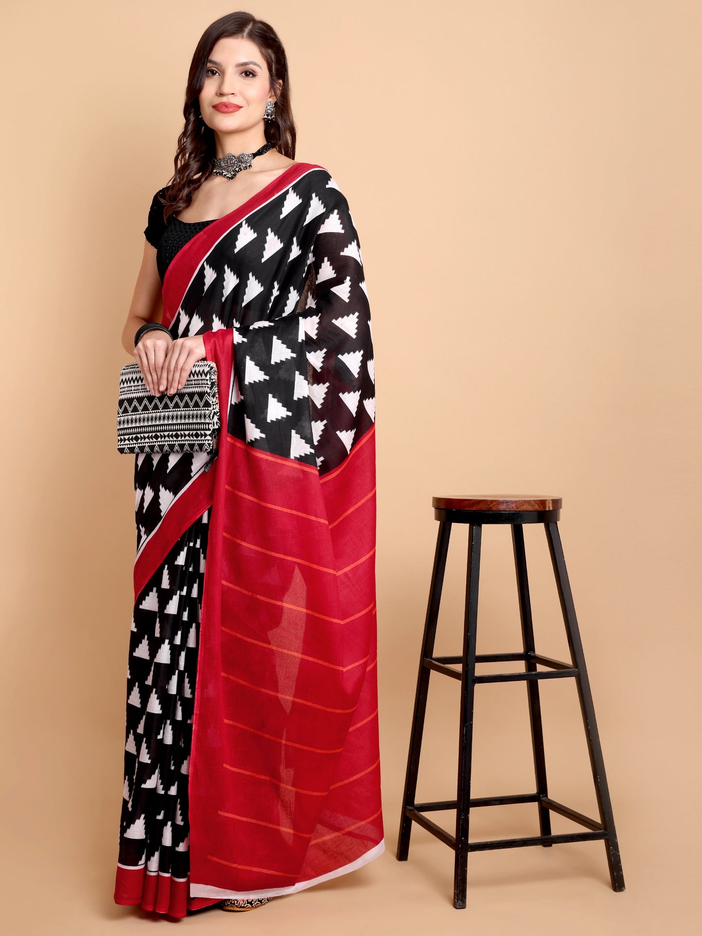 Black & Red Mul Mul Cotton Saree with Bold Geometric Triangle Print