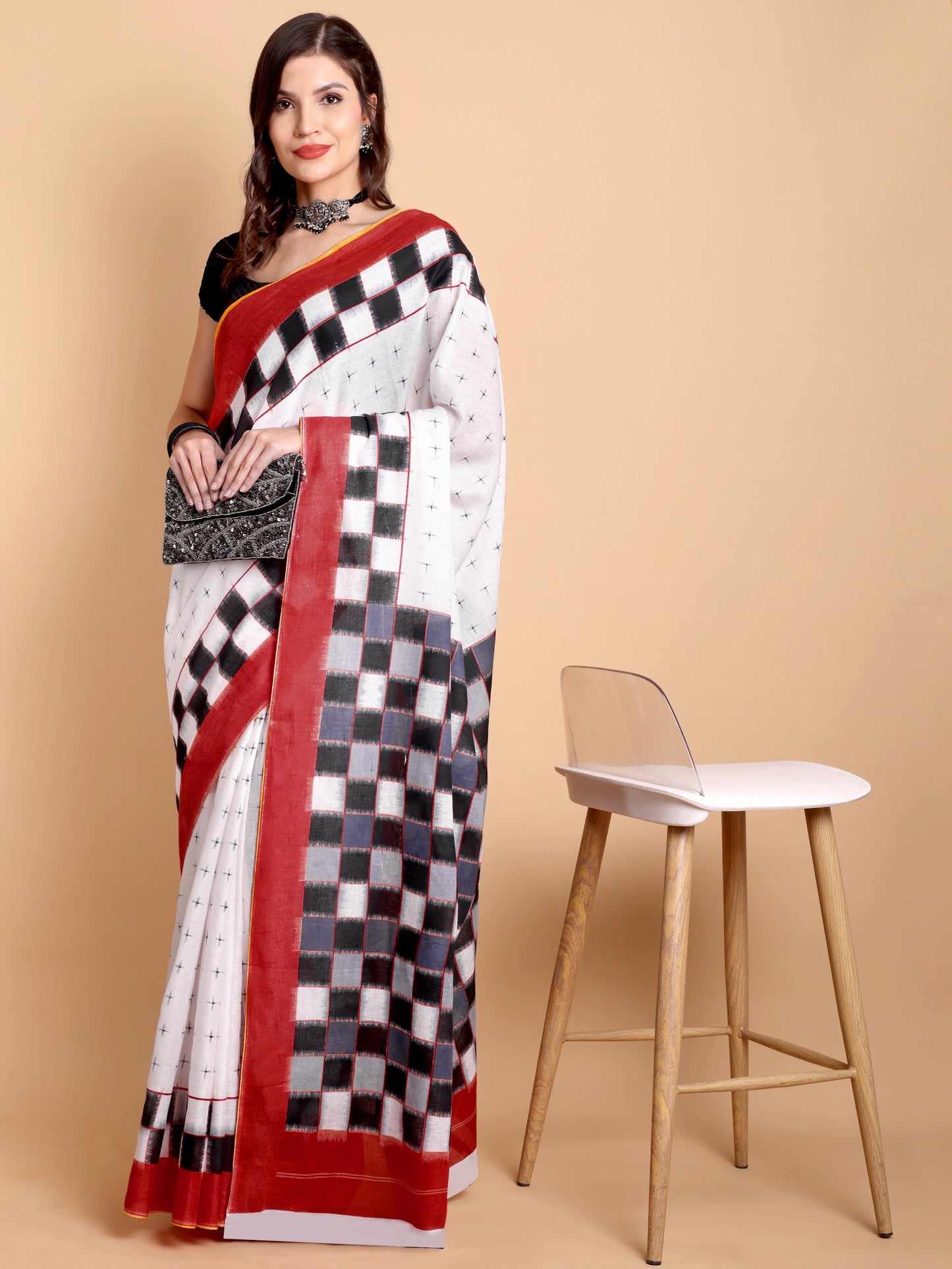 Elegant White Mul Mul Cotton Saree with Black Checks and Rust Red Border