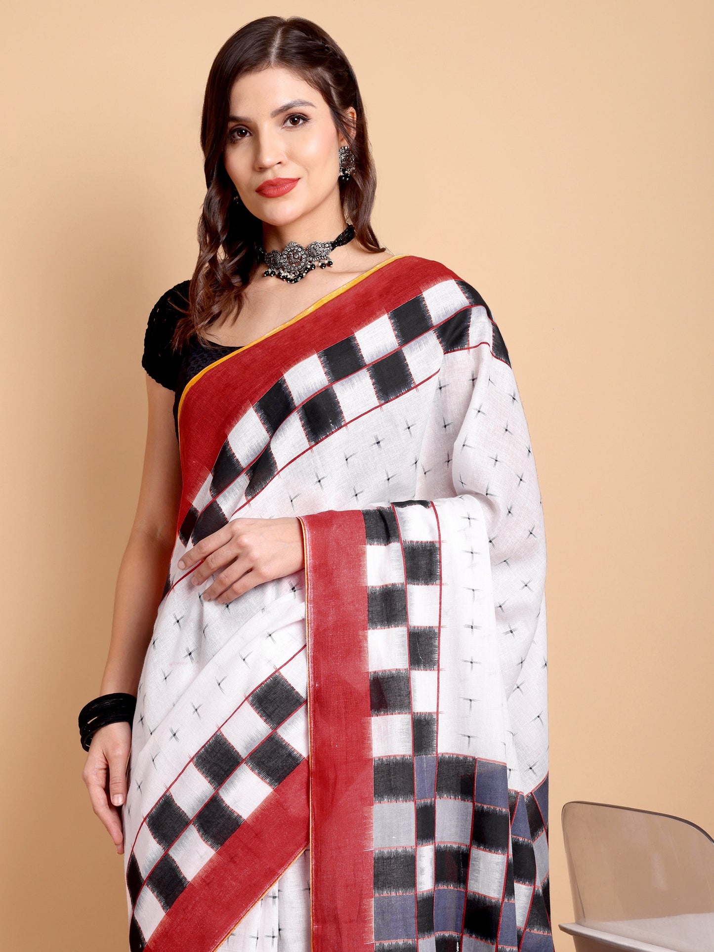 Elegant White Mul Mul Cotton Saree with Black Checks and Rust Red Border