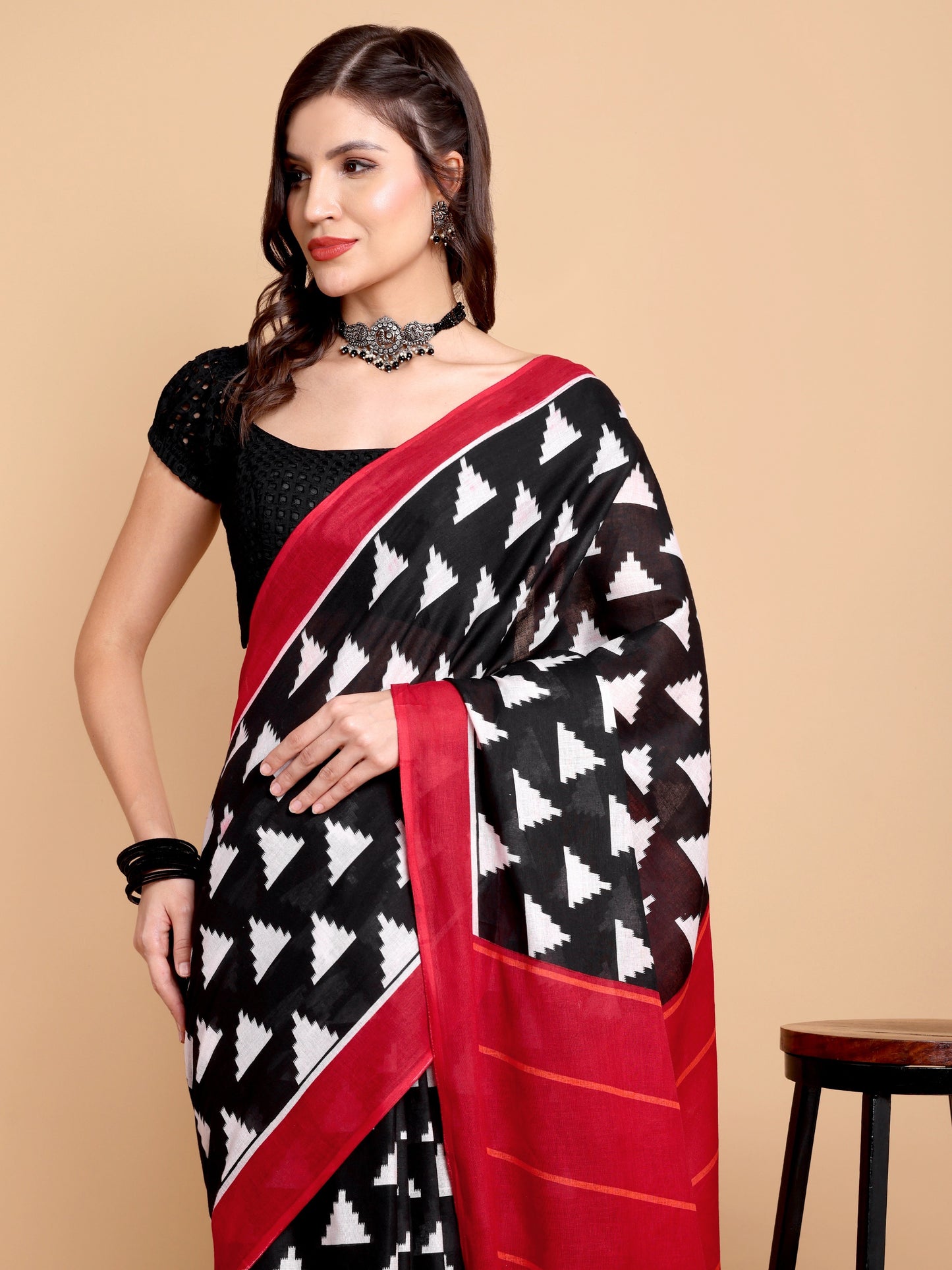 Black & Red Mul Mul Cotton Saree with Bold Geometric Triangle Print