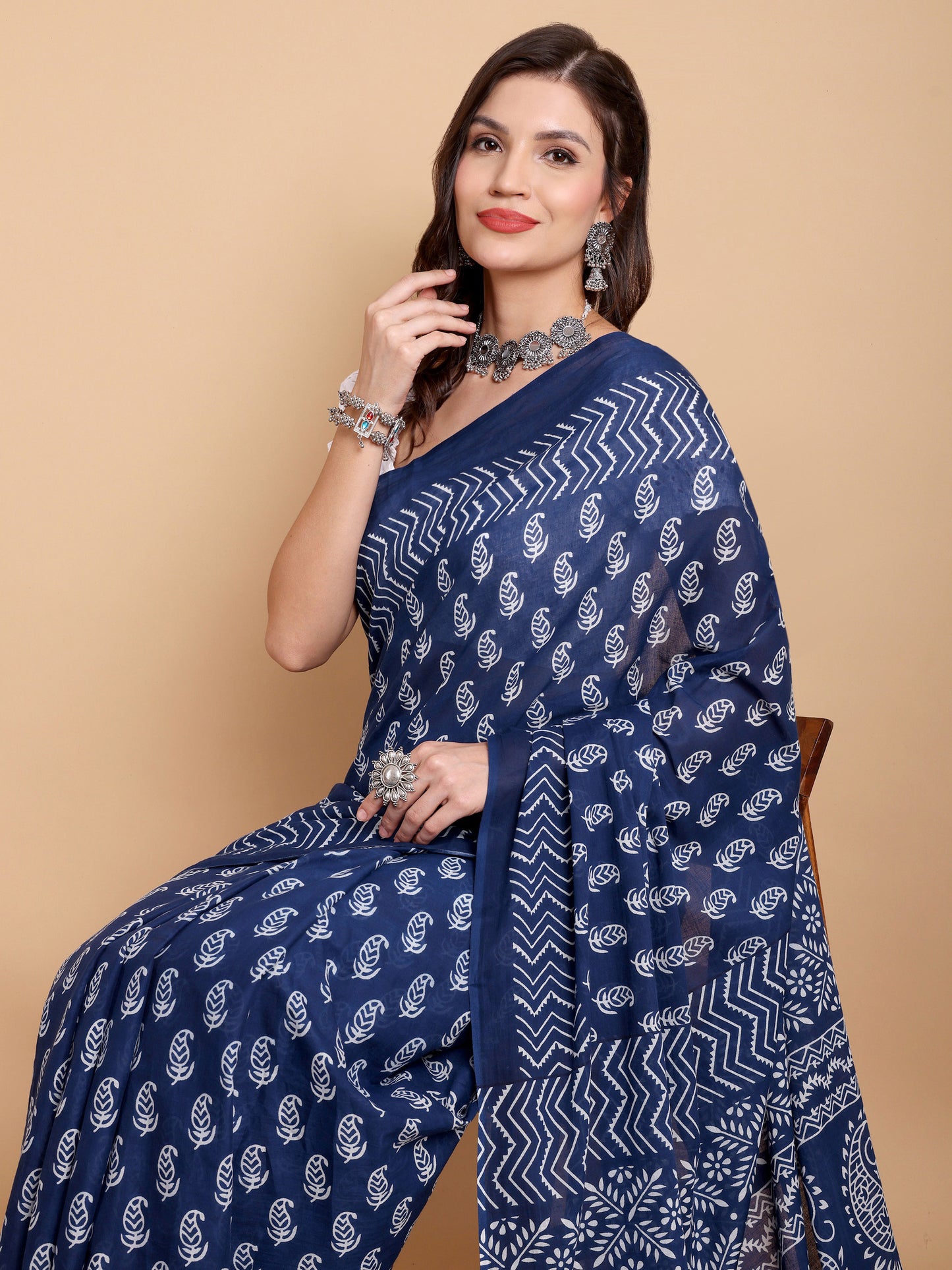 Elegant Navy Blue Mul mul Cotton Saree with White Traditional Hand block Print
