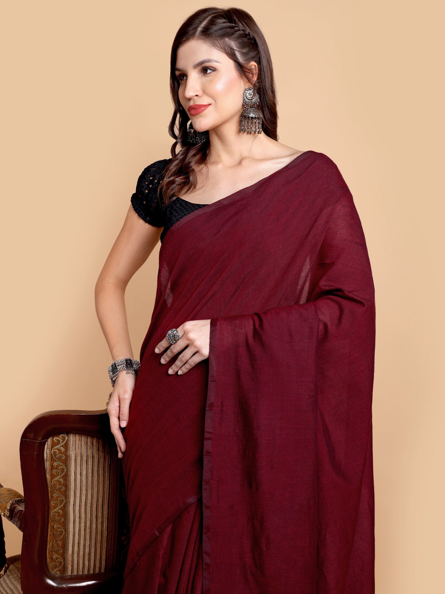 Elegant Maroon Khadi Cotton Saree with Handcrafted Tassel Detailing