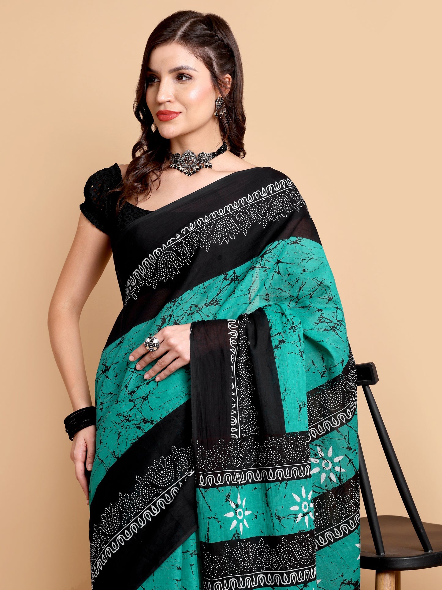 Teal Green & Black Mul Mul Cotton Saree with Batik and Floral Handblock Print