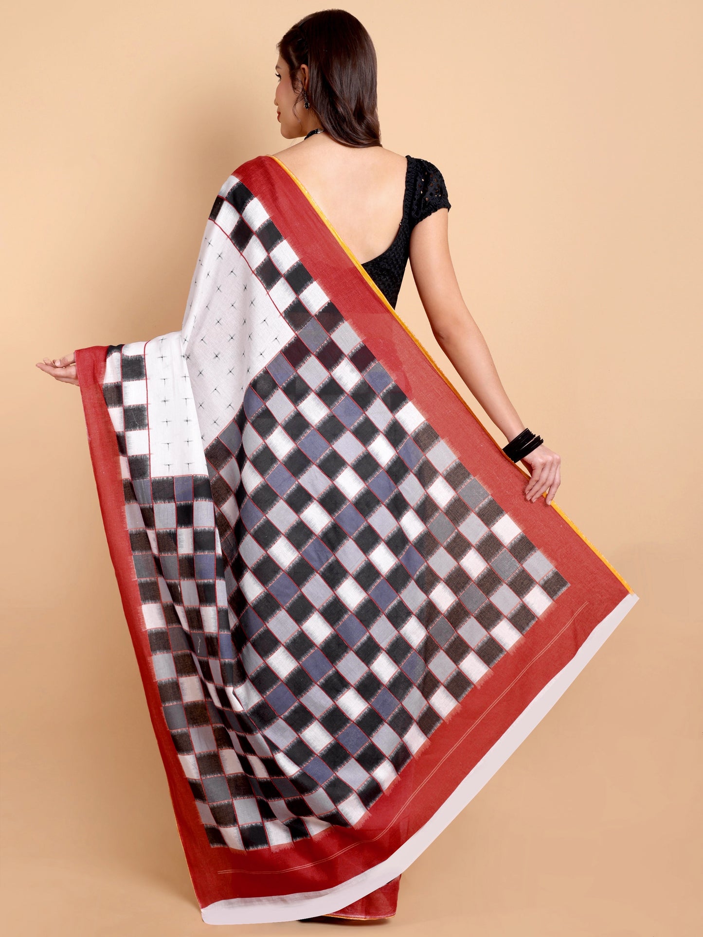 Elegant White Mul Mul Cotton Saree with Black Checks and Rust Red Border
