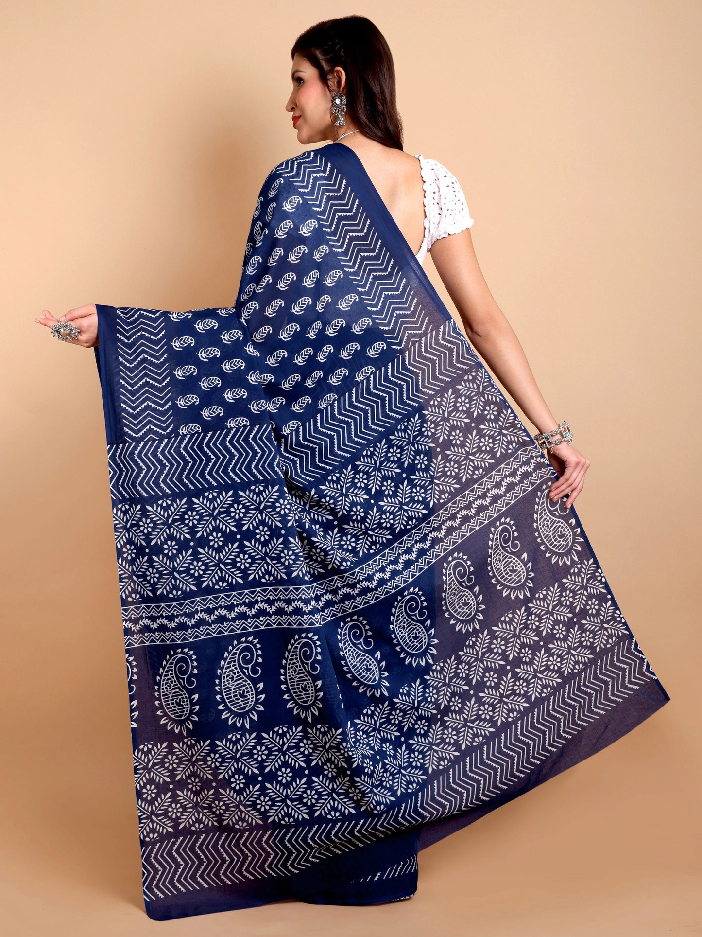 Elegant Navy Blue Mul mul Cotton Saree with White Traditional Hand block Print