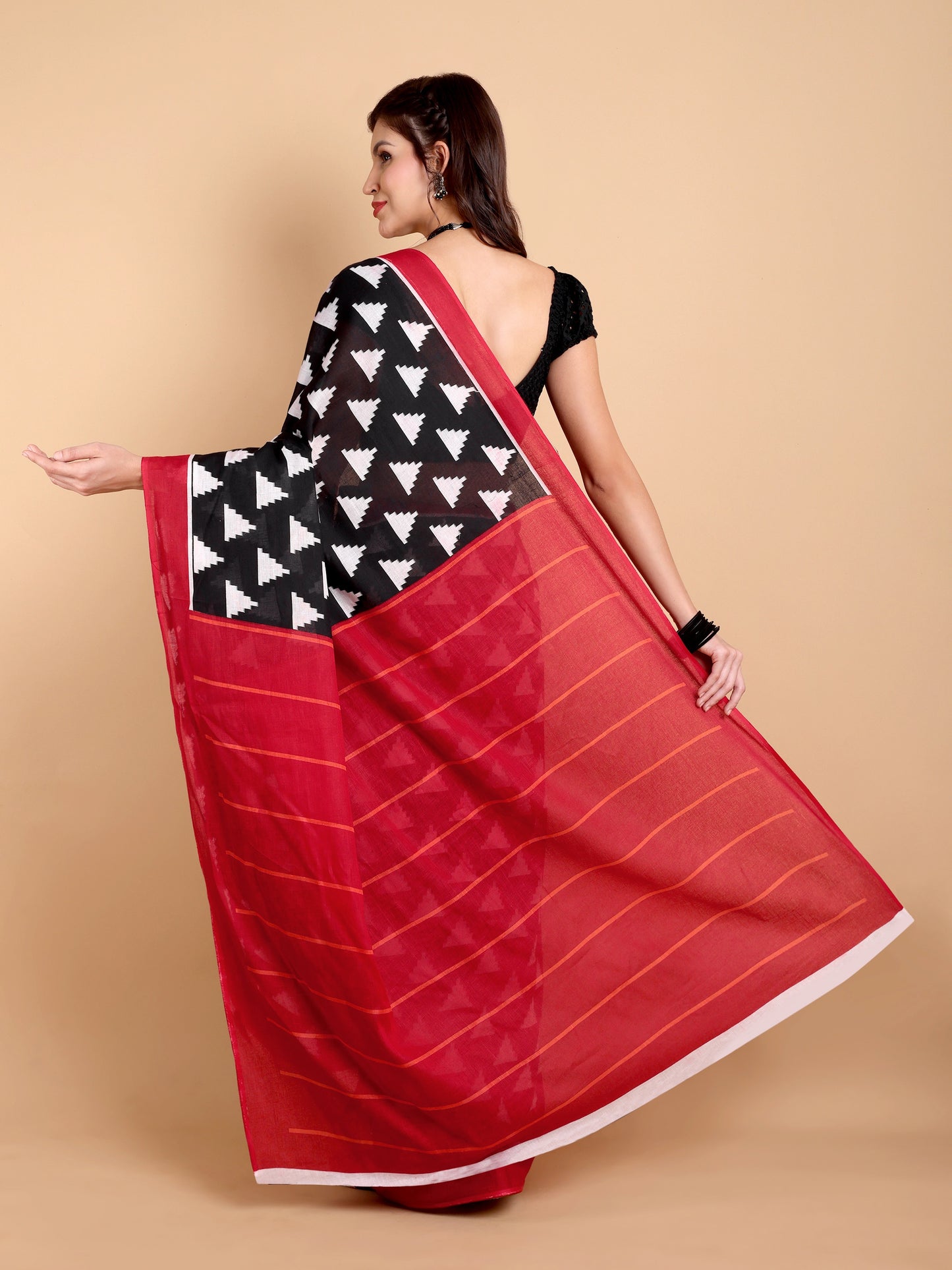 Black & Red Mul Mul Cotton Saree with Bold Geometric Triangle Print