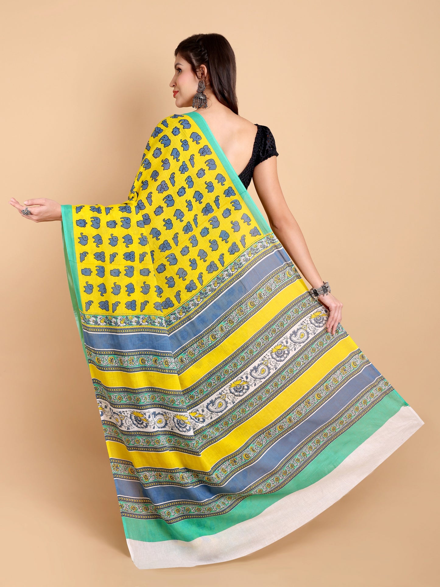 Vibrant Yellow Mul Mul Cotton Saree with Elephant Print & Multicolor Pallu