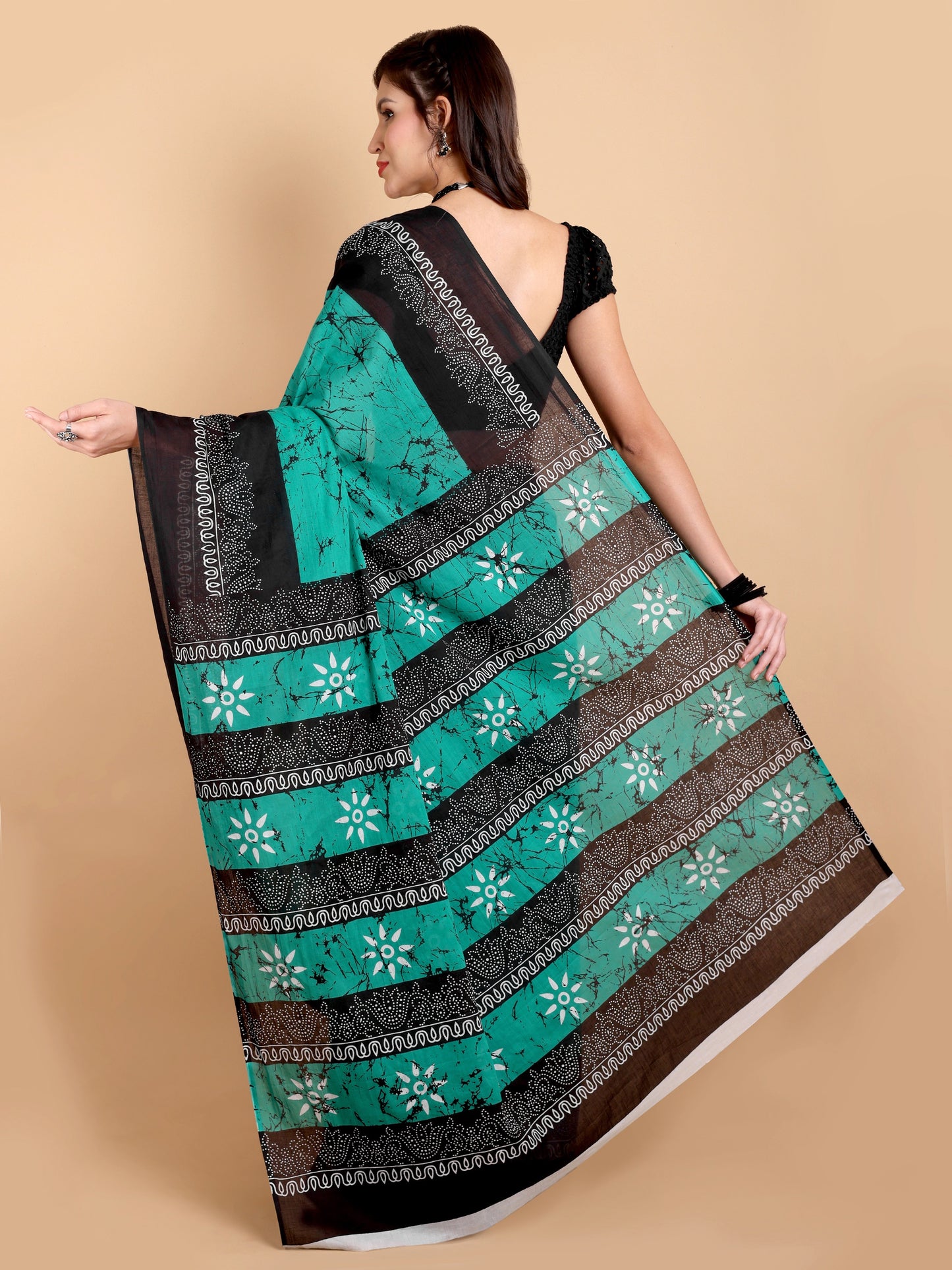 Teal Green & Black Mul Mul Cotton Saree with Batik and Floral Handblock Print