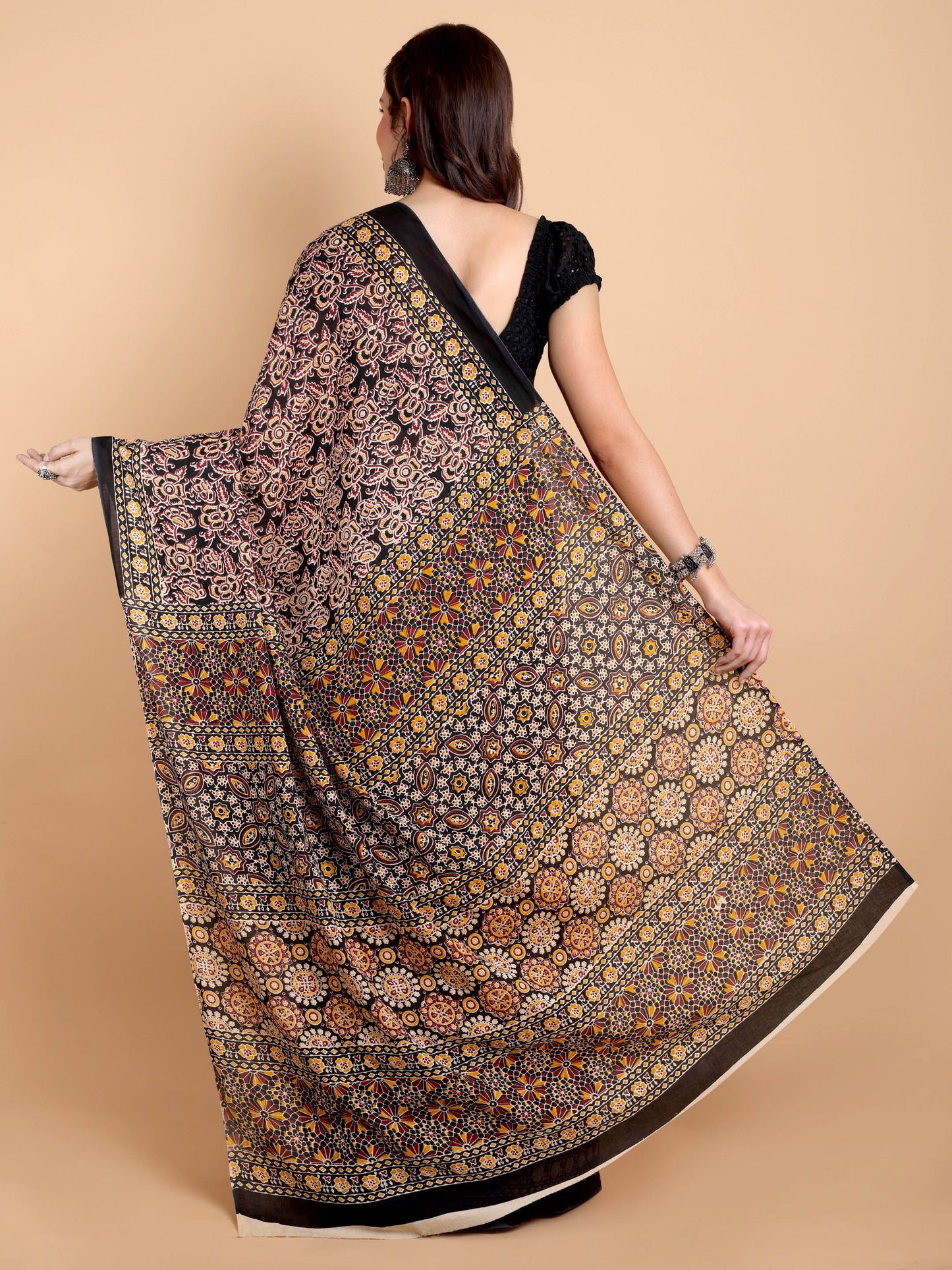 Rust Black Mul Mul Cotton Saree with All-Over Ajrakh-Inspired Print