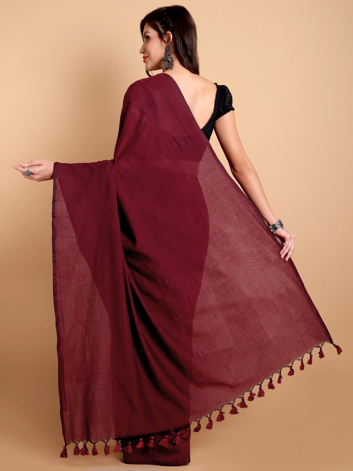 Elegant Maroon Khadi Cotton Saree with Handcrafted Tassel Detailing