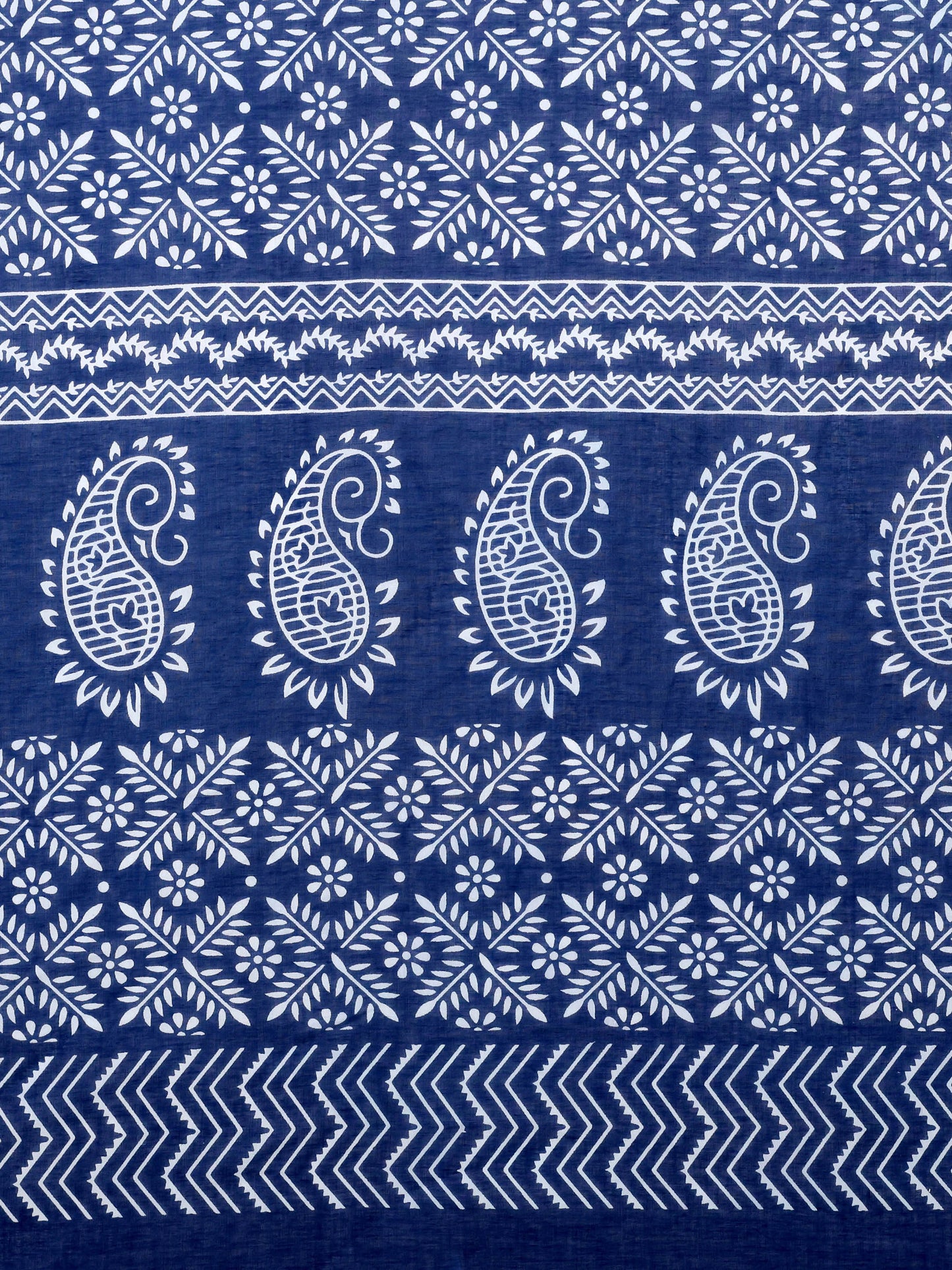 Elegant Navy Blue Mul mul Cotton Saree with White Traditional Hand block Print