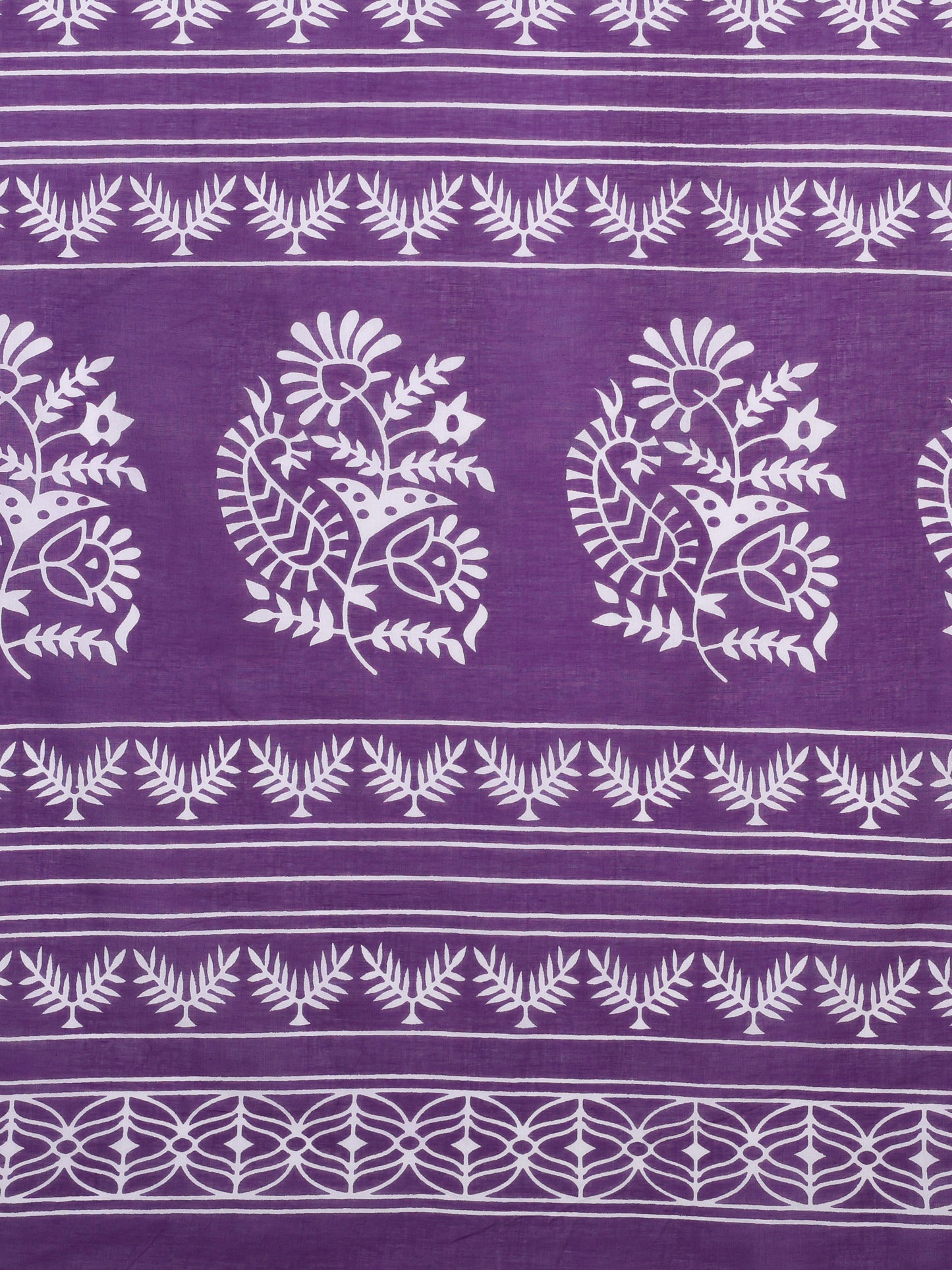 Elegant Purple Hand block Print Mul mul Cotton Saree with White Floral & Geometric Motifs