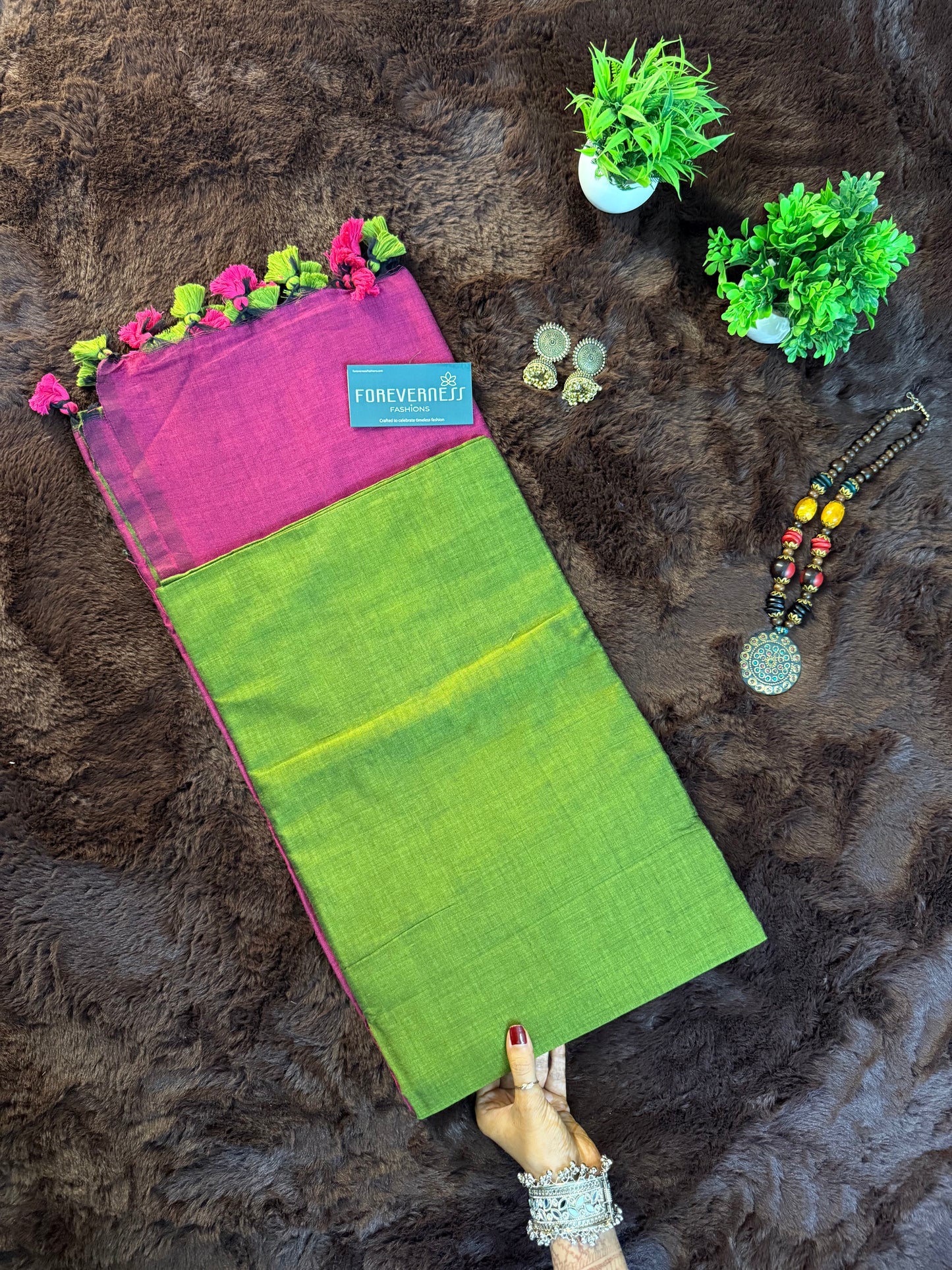 Pink & Green Pure Khadi Cotton Saree with Handmade Tassel Detailing