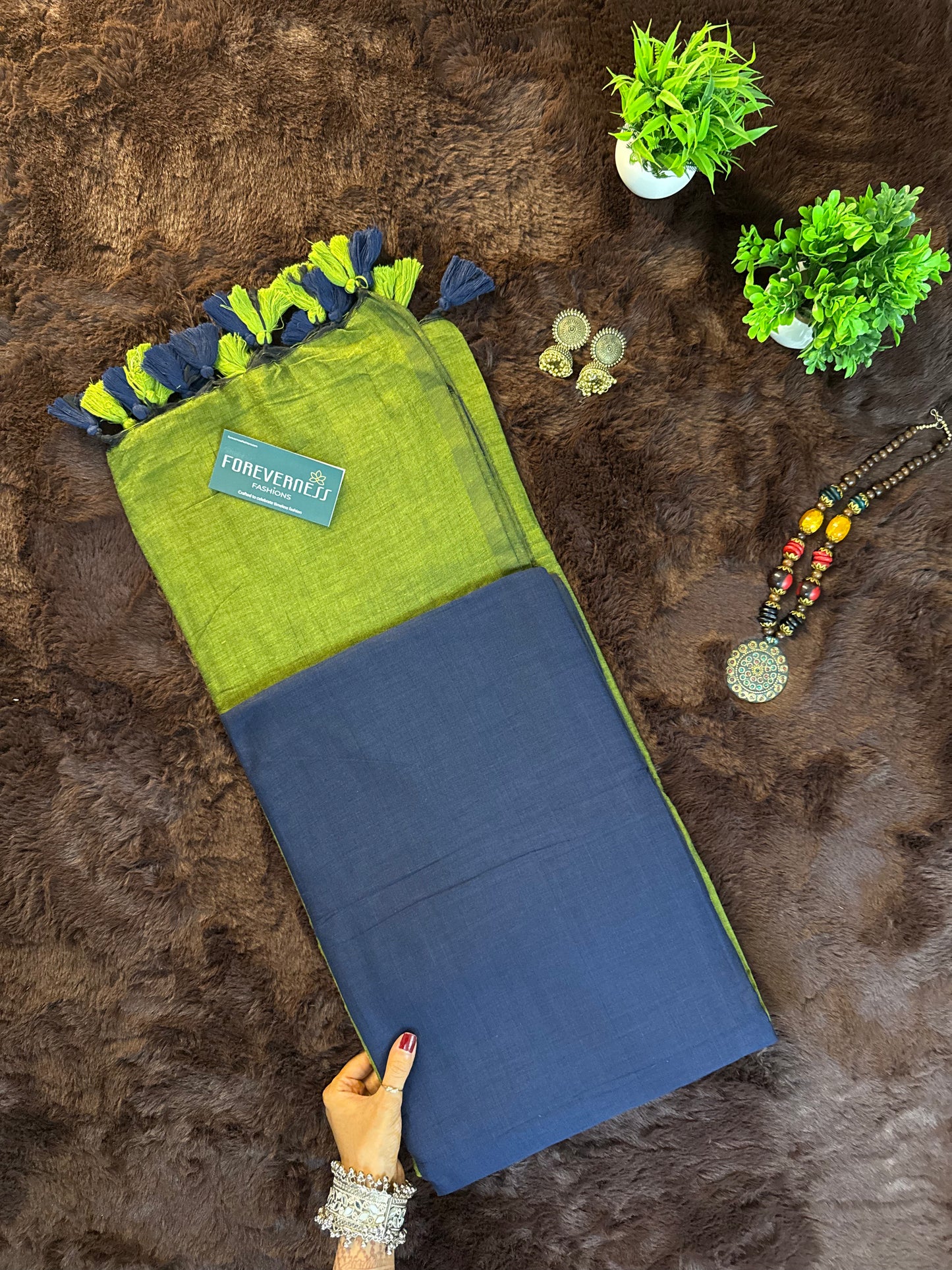 Navy Blue & Green Pure Khadi Cotton Saree with Handmade Tassel Detailing