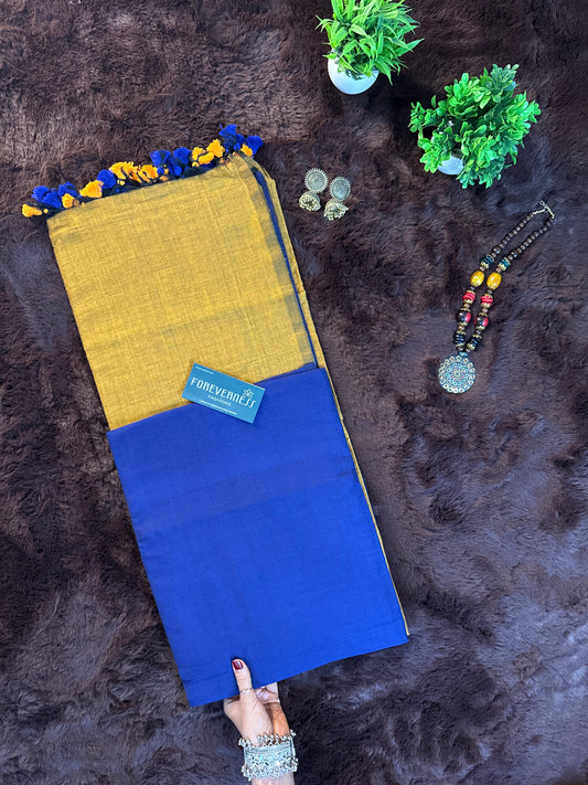 Ink Blue & Golden Brown Khadi Cotton Saree with Handmade Tassel Detailing