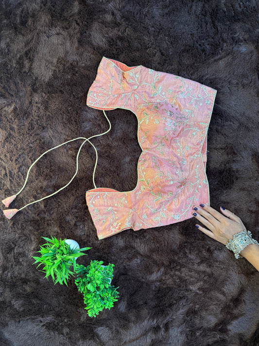 Peach Blossom Tissue Shimmer Blouse with Zari Work