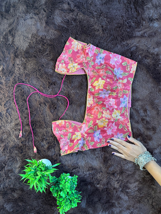 Organza Floral Print Blouse with Sequin & Golden Thread Work