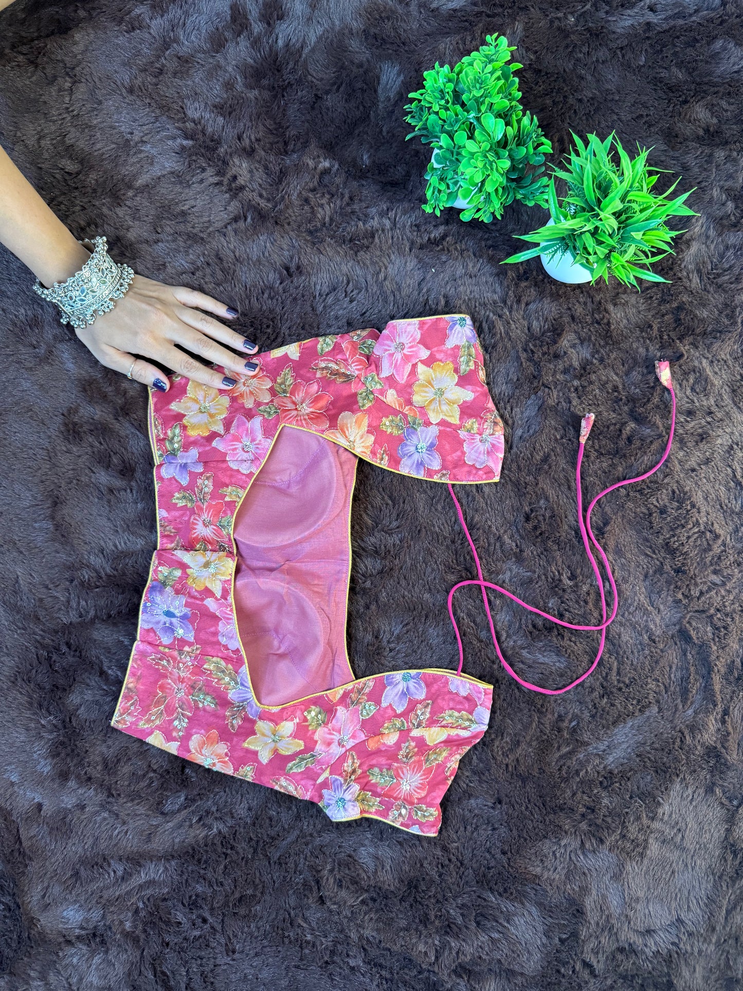 Organza Floral Print Blouse with Sequin & Golden Thread Work