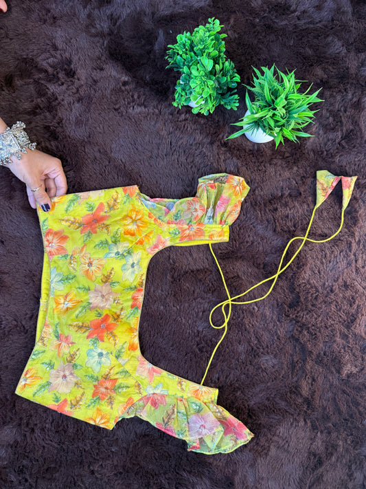 Yellow Organza Blouse with Floral Print and Ruffle Sleeves
