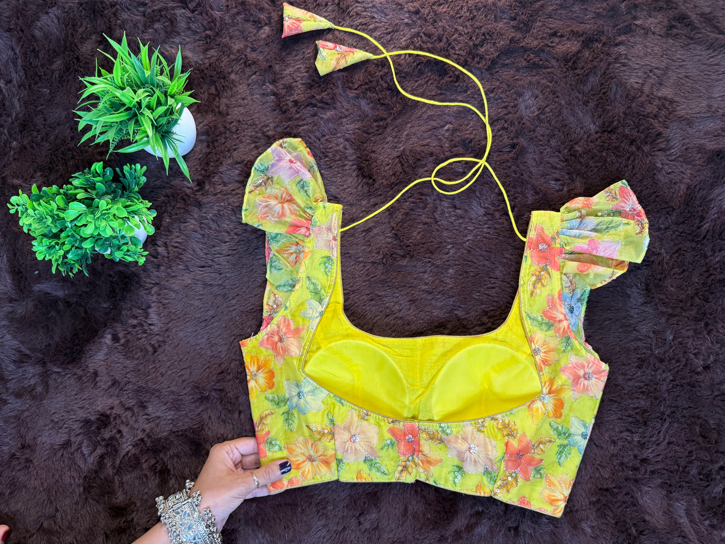 Yellow Organza Blouse with Floral Print and Ruffle Sleeves