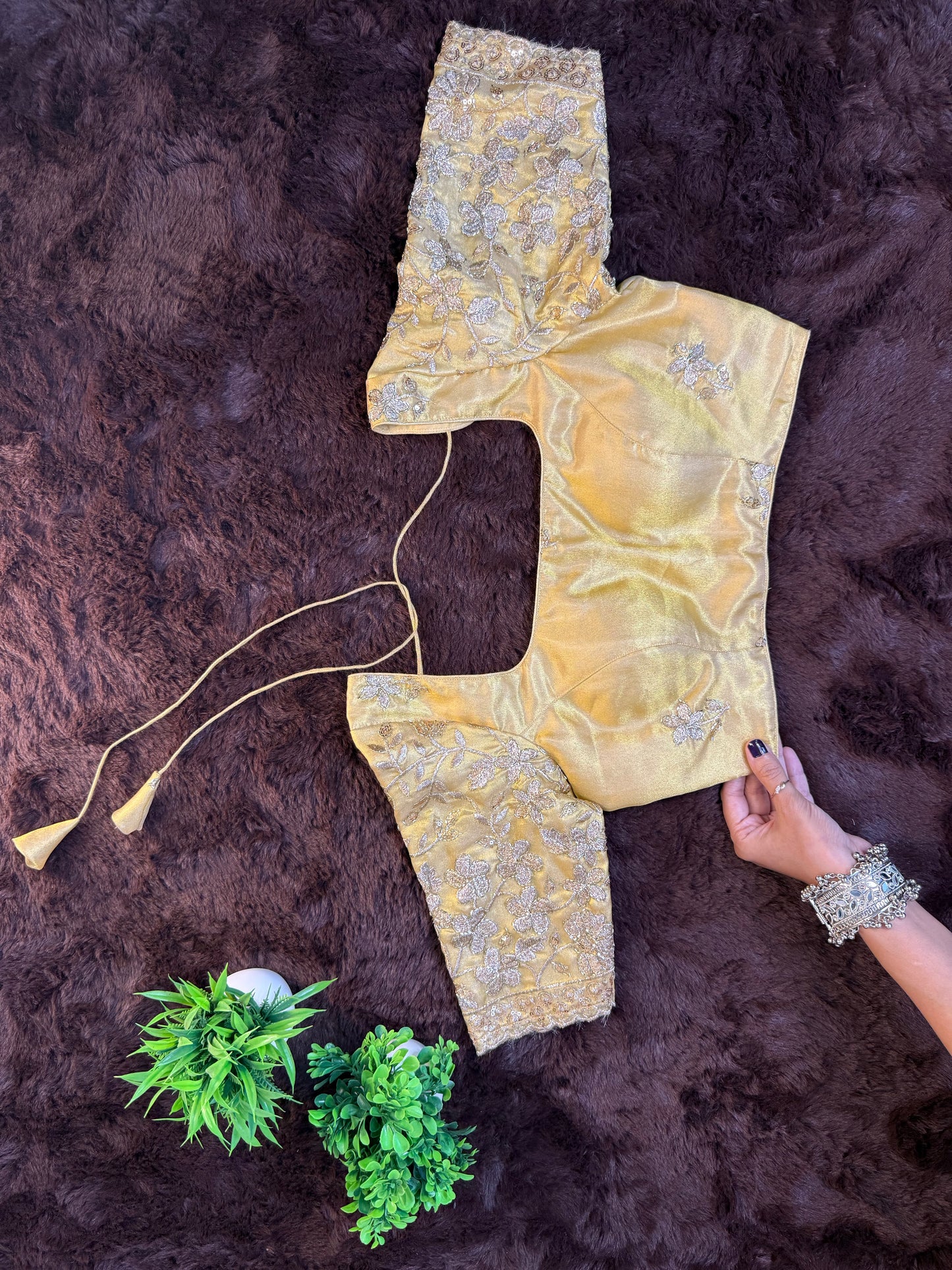 Golden Tissue Silk Blouse with Handwork