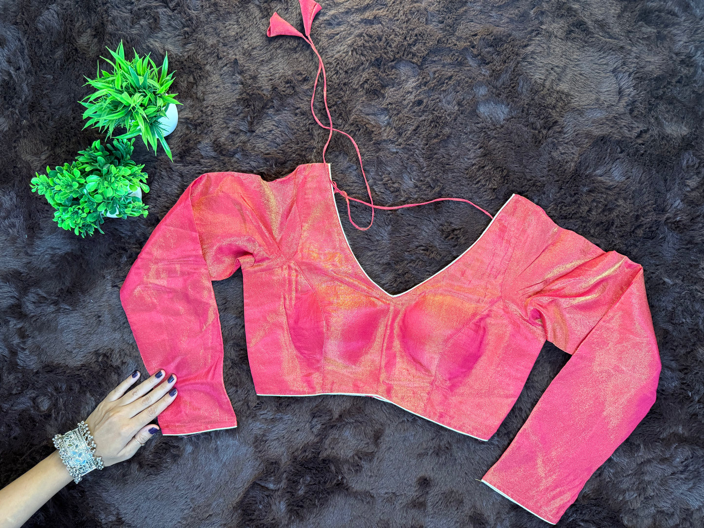 Pink Tissue Blouse with V-Neck and Full Sleeves