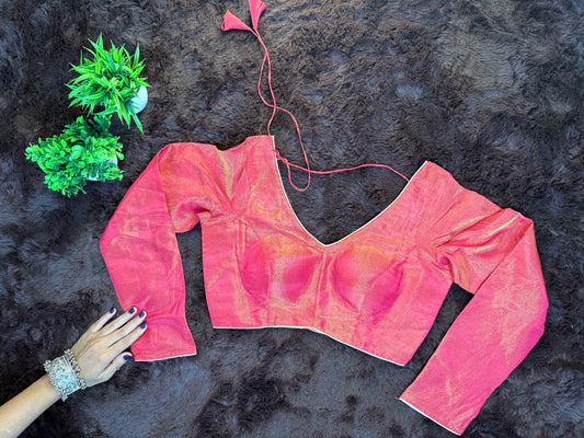 Pink Tissue Blouse with V-Neck and Full Sleeves