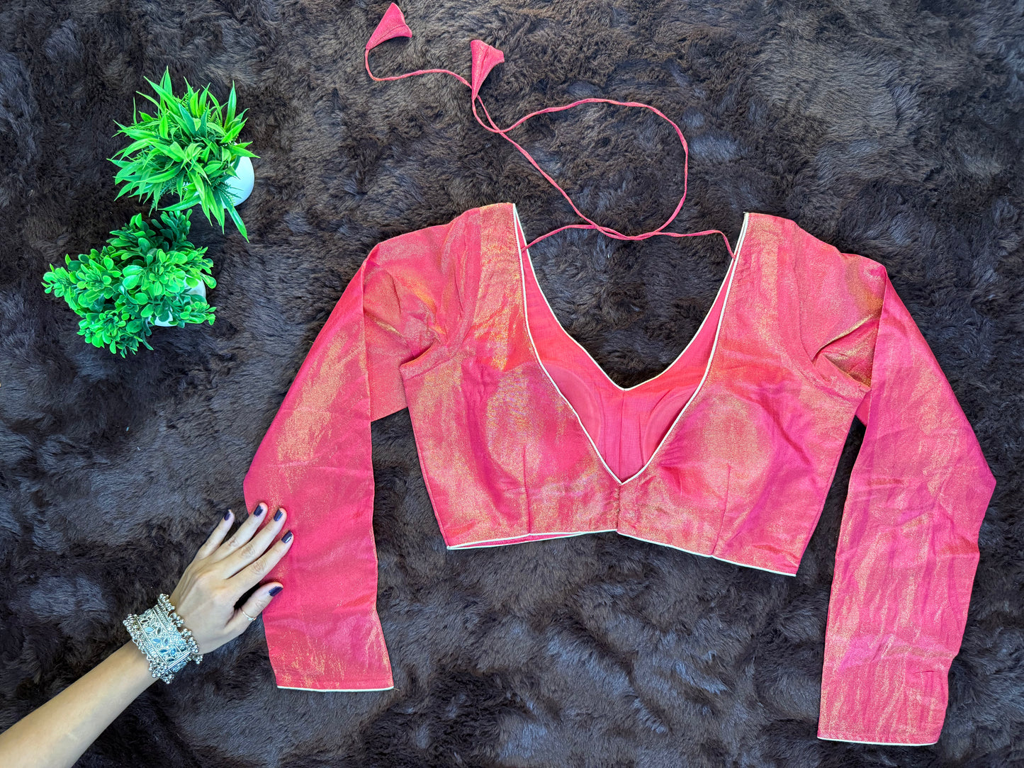 Pink Tissue Blouse with V-Neck and Full Sleeves