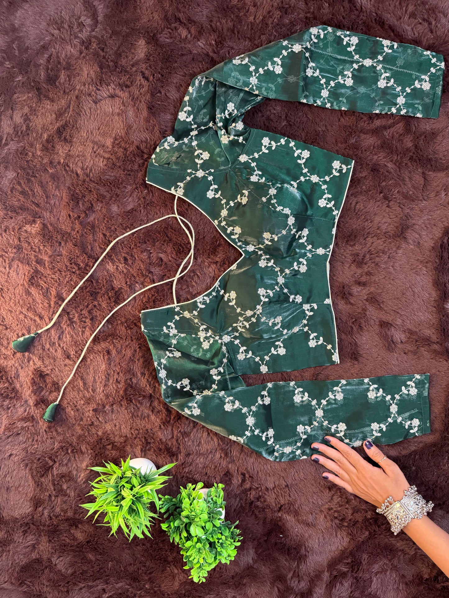 Emerald Jimmy Choo V-Neck and Full Sleeves Blouse with Handwork