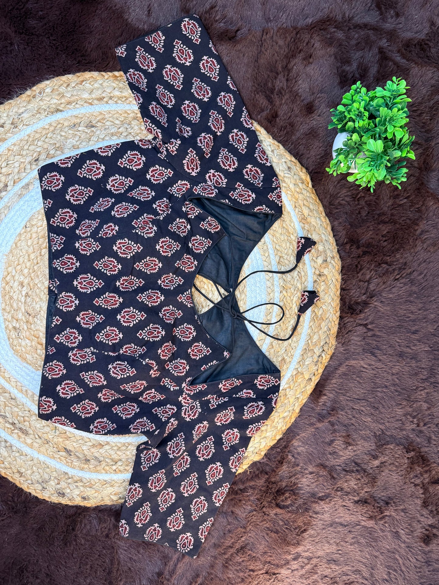 Ajrakh Print Blouse with Back Open and Elbow Sleeves