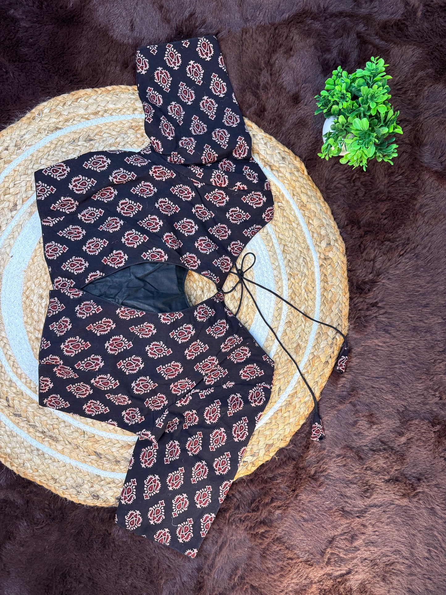 Ajrakh Print Blouse with Back Open and Elbow Sleeves