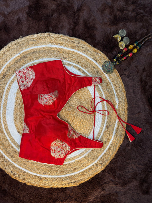 Regal Red Banarasi Silk Sleeveless Blouse with V-Neck and Heavy Zari Work