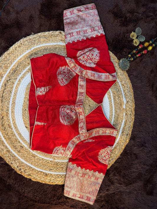 Regal Red Banarasi Silk Blouse with Elbow-Length Sleeves and Heavy Zari Border Work