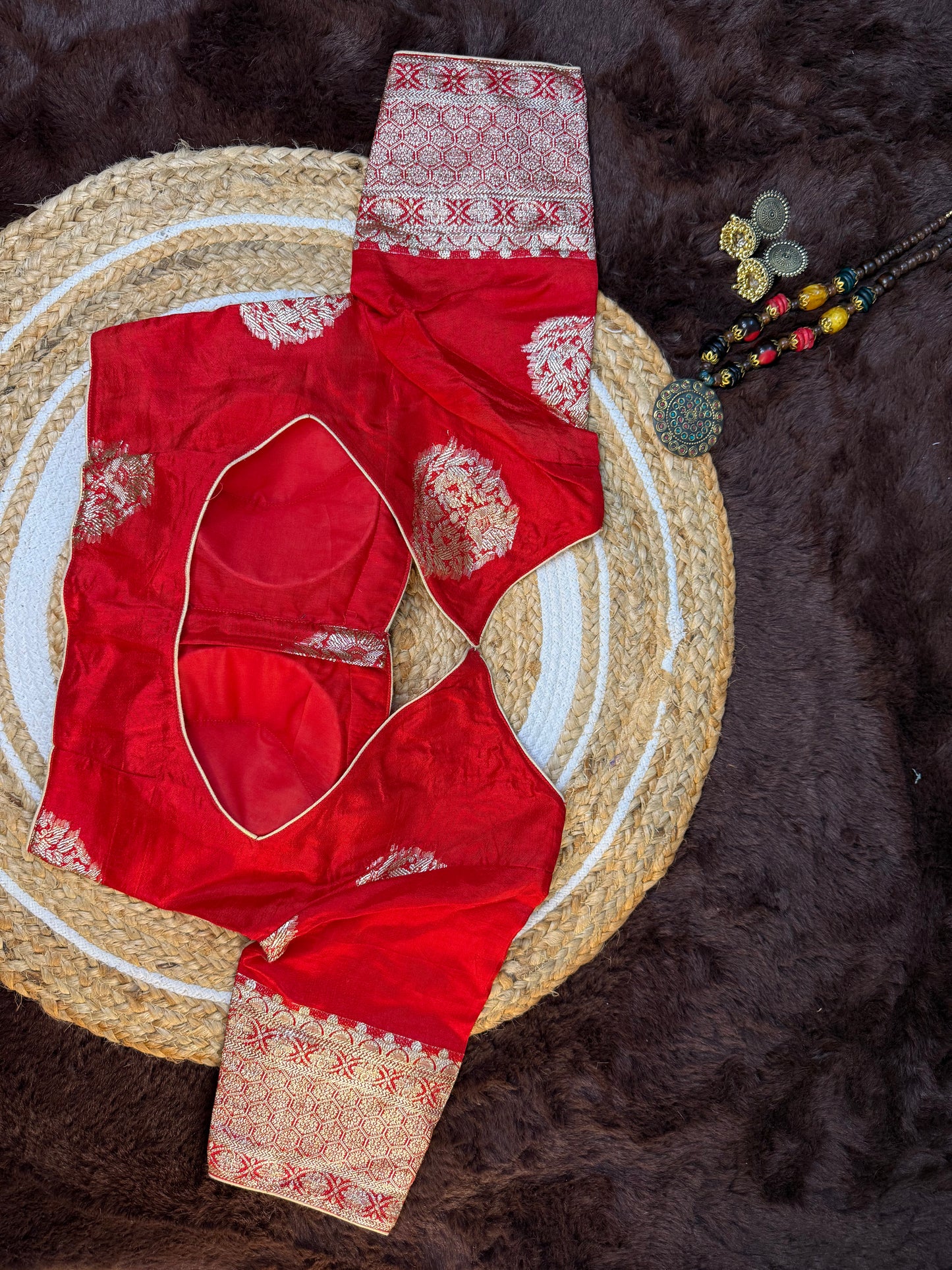 Regal Red Banarasi Silk Blouse with Elbow-Length Sleeves and Heavy Zari Border Work