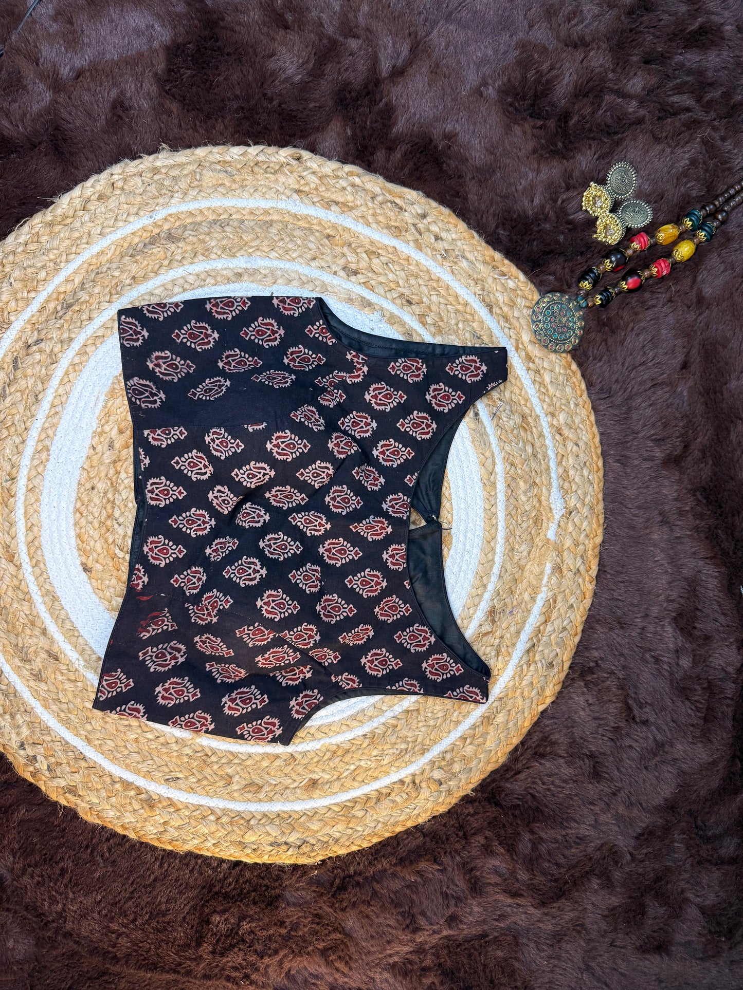 Boat Neck Ajrakh Print Sleeveless Blouse