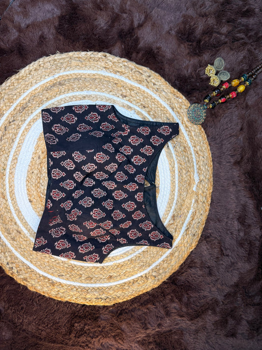 Boat Neck Ajrakh Print Sleeveless Blouse