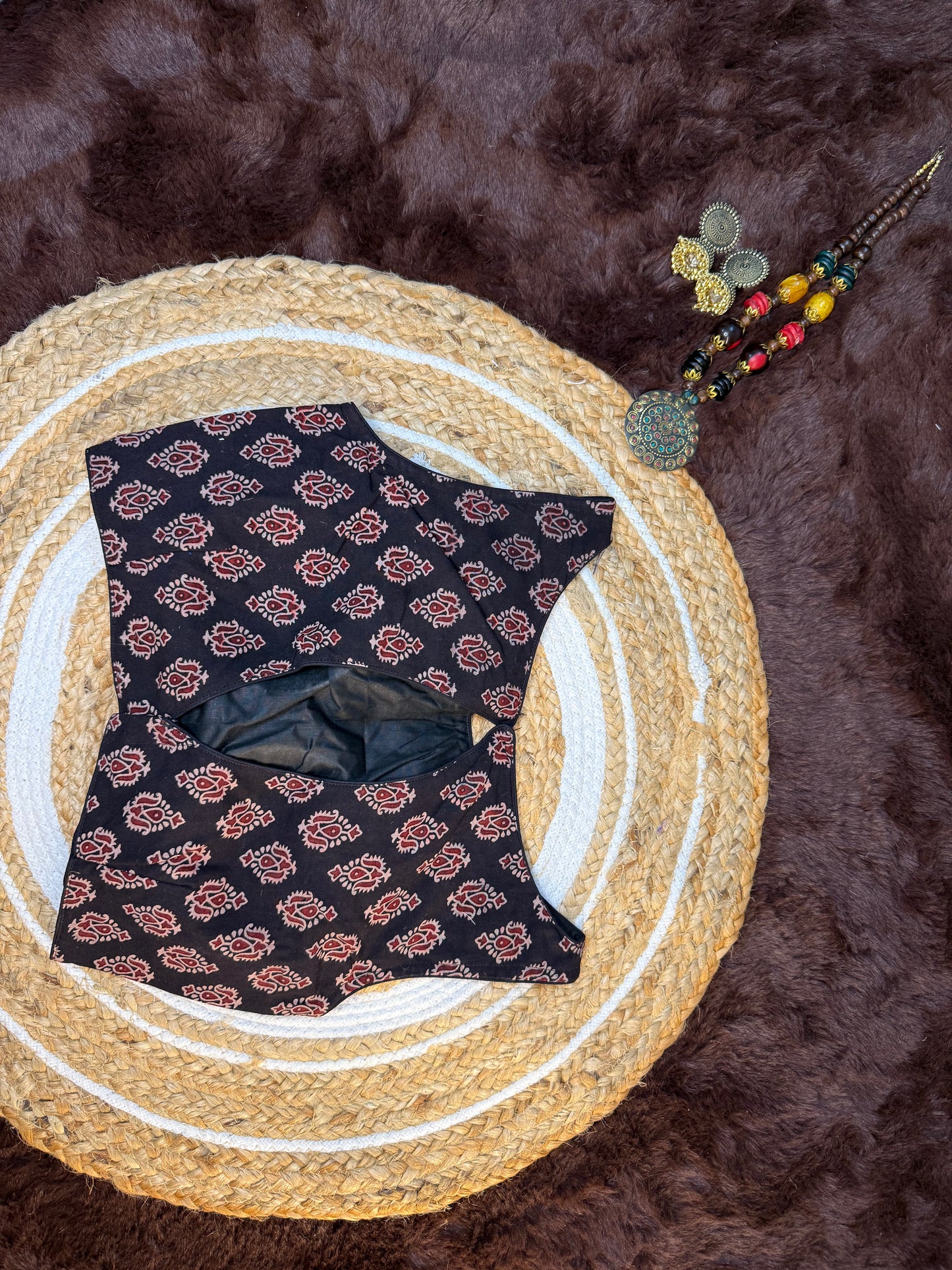 Boat Neck Ajrakh Print Sleeveless Blouse