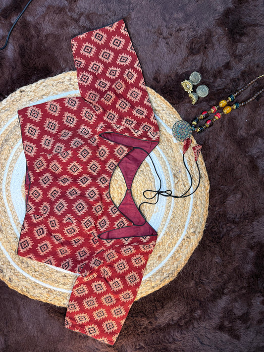 Ajrakh Print Blouse with Back Open and Elbow Sleeves