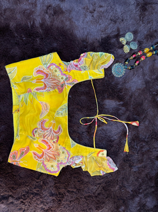 Sunny Bloom Organza Blouse with Ruffled Sleeves and Tie-Back Dori