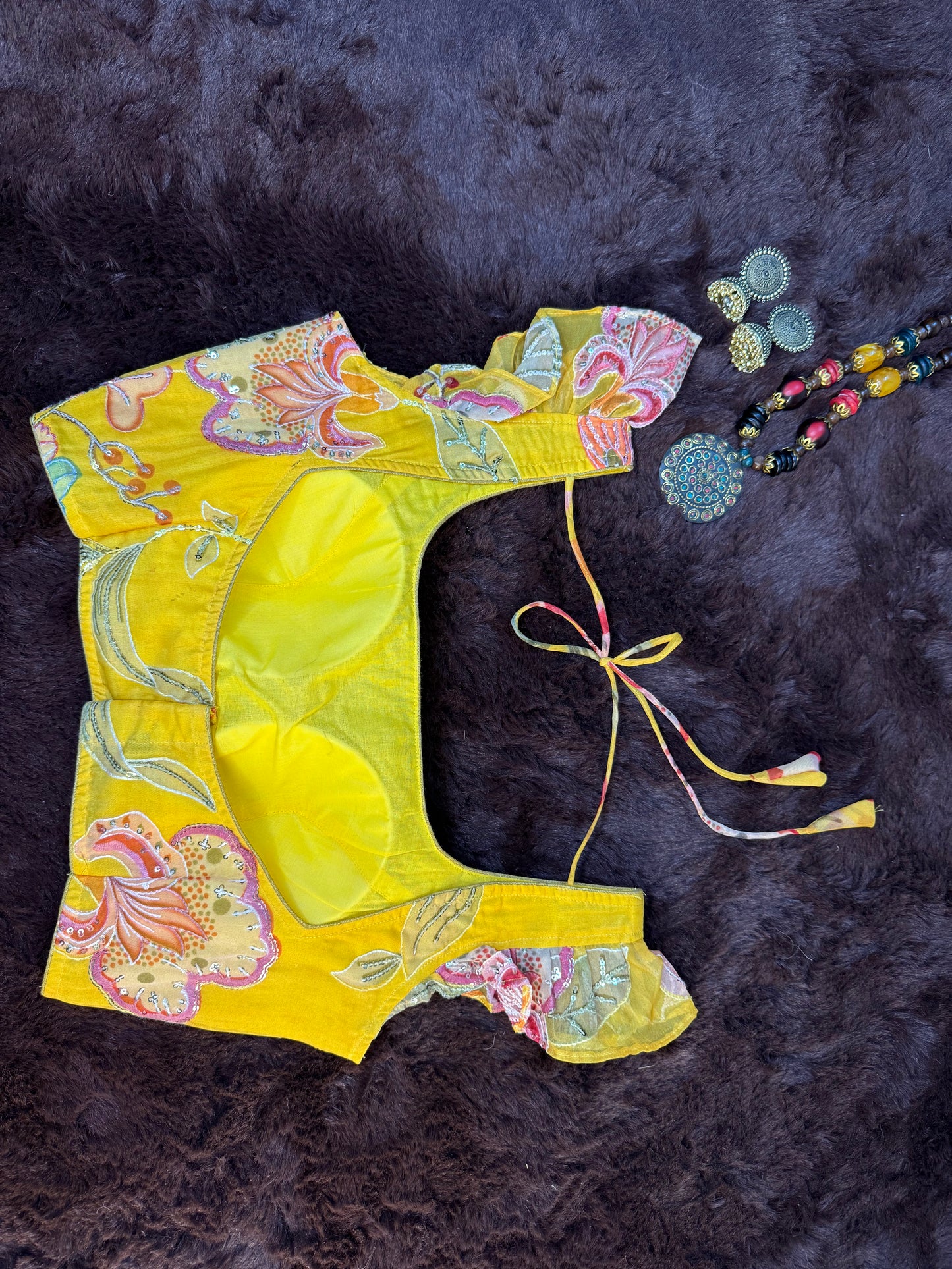 Sunny Bloom Organza Blouse with Ruffled Sleeves and Tie-Back Dori