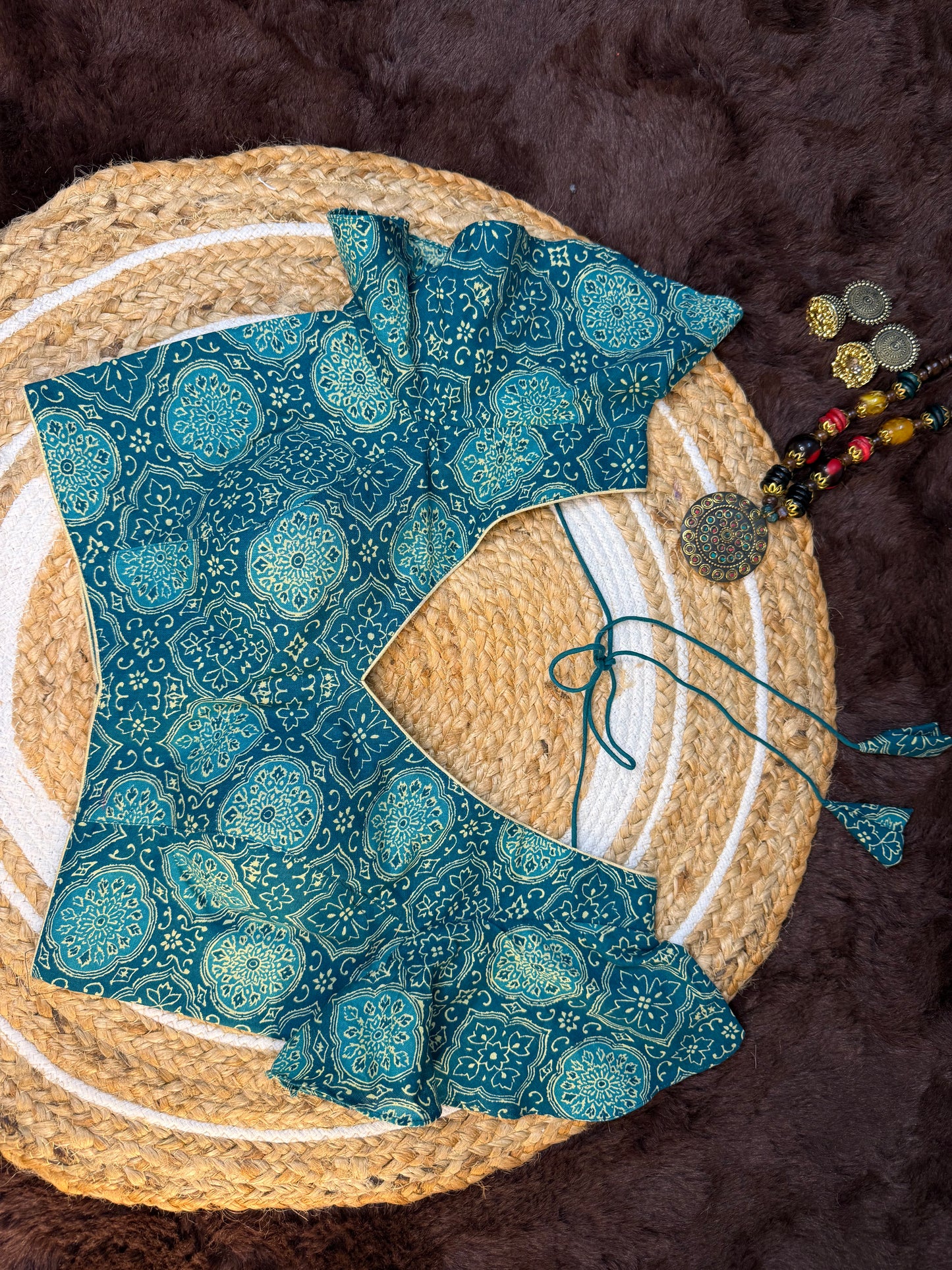 Cotton Printed V-Neck Blouse with Ruffle Sleeves