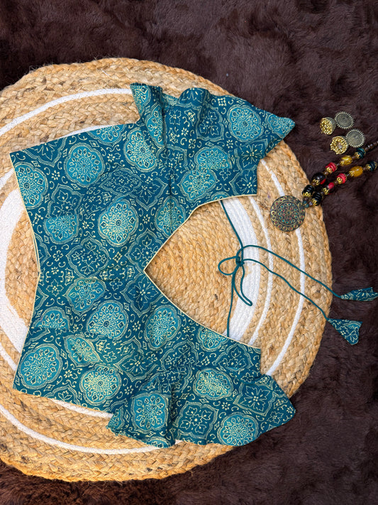 Cotton Printed V-Neck Blouse with Ruffle Sleeves