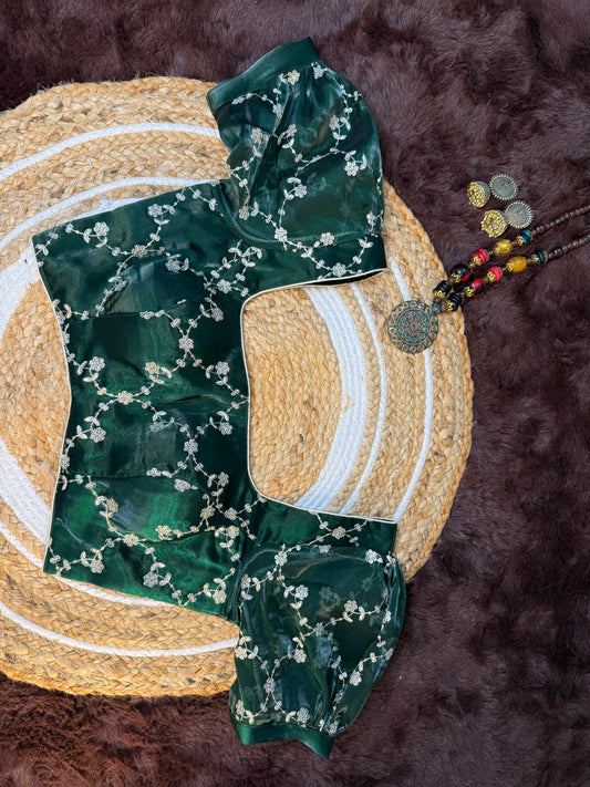 Emerald Jimmy Choo Blouse with Handwork and Puffed Sleeves