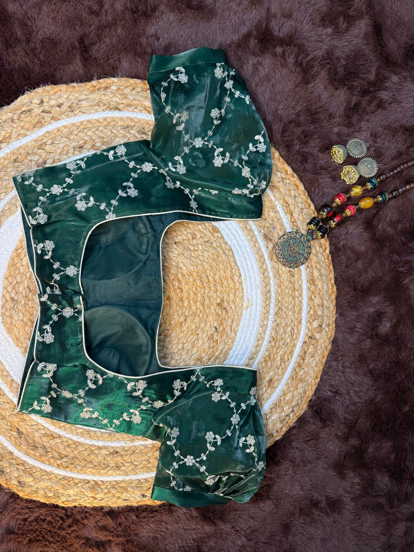 Emerald Jimmy Choo Blouse with Handwork and Puffed Sleeves