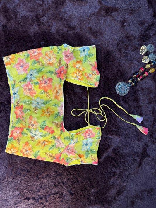 Lemon Yellow Floral Print Organza Blouse with Cape Sleeves and Tie-Back Dori