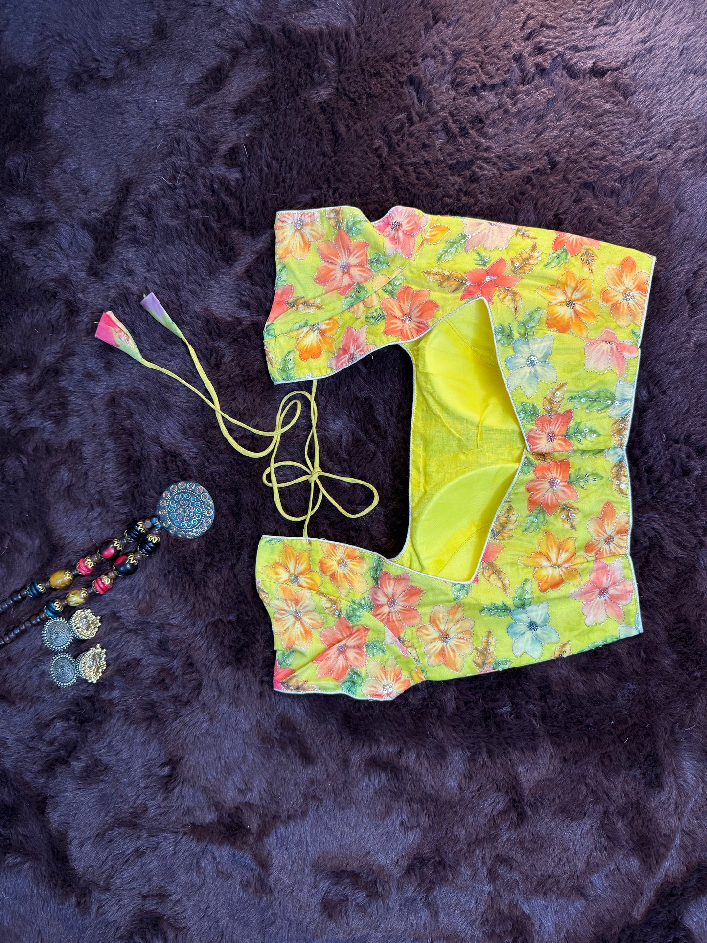 Lemon Yellow Floral Print Organza Blouse with Cape Sleeves and Tie-Back Dori